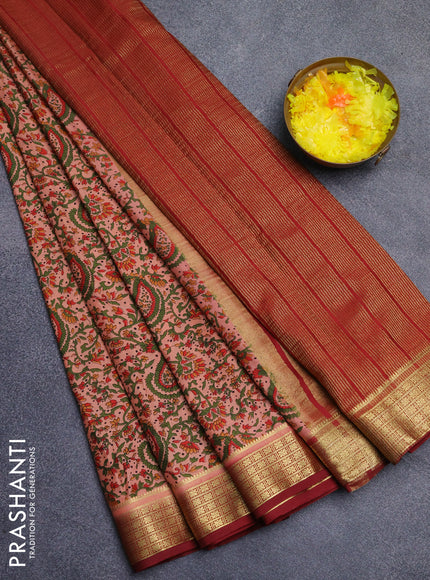 Semi mysore silk saree peach  and maroon with allover floral prints and zari woven border