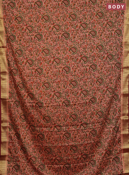 Semi mysore silk saree peach  and maroon with allover floral prints and zari woven border