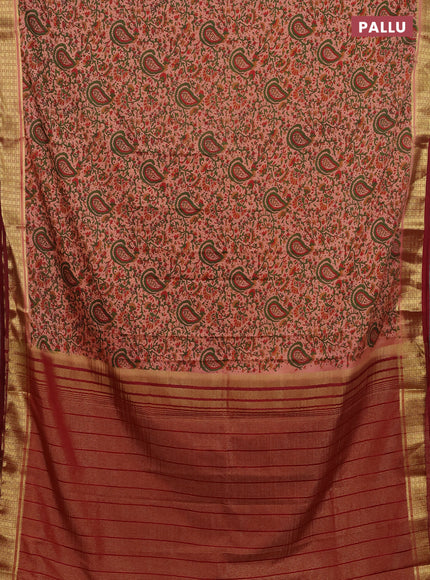 Semi mysore silk saree peach  and maroon with allover floral prints and zari woven border