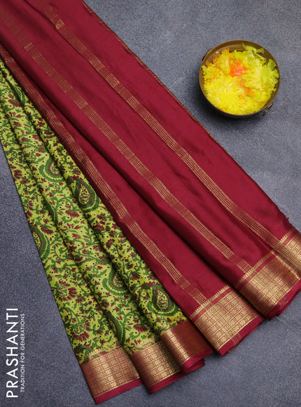 Semi mysore silk saree lime green and maroon with allover floral prints and zari woven border