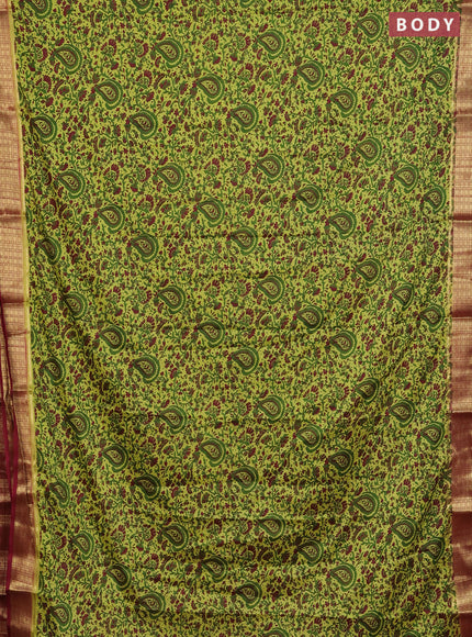 Semi mysore silk saree lime green and maroon with allover floral prints and zari woven border