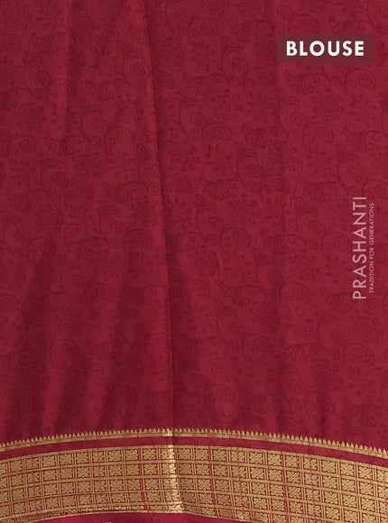 Semi mysore silk saree lime green and maroon with allover floral prints and zari woven border