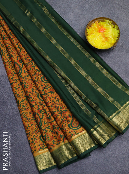 Semi mysore silk saree dark mustard and green with allover floral prints and zari woven border