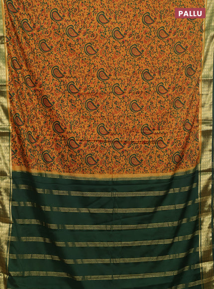 Semi mysore silk saree dark mustard and green with allover floral prints and zari woven border