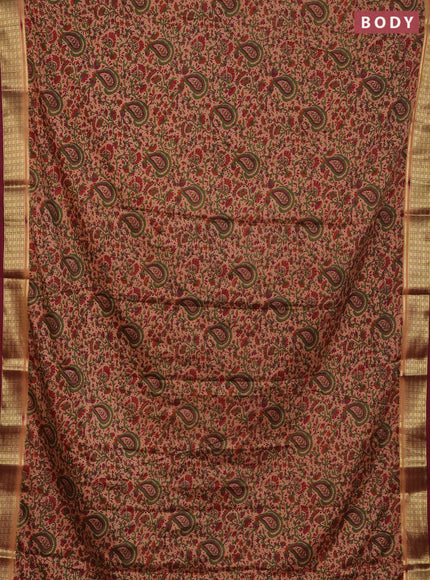 Semi mysore silk saree peach shade and wine shade with allover floral prints and zari woven border