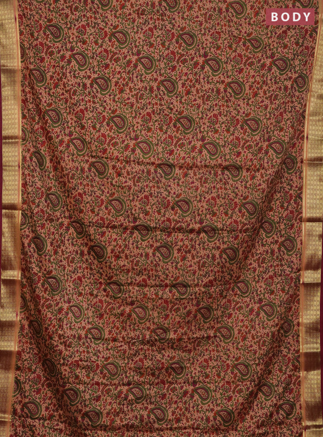 Semi mysore silk saree peach shade and wine shade with allover floral prints and zari woven border