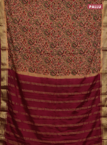 Semi mysore silk saree peach shade and wine shade with allover floral prints and zari woven border