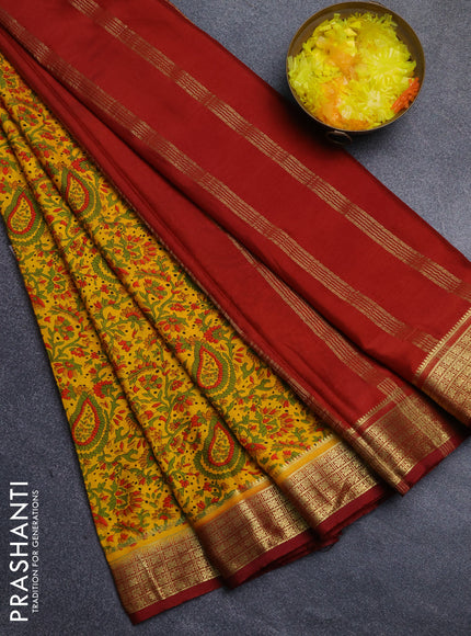 Semi mysore silk saree yellow and maroon with allover floral prints and zari woven border