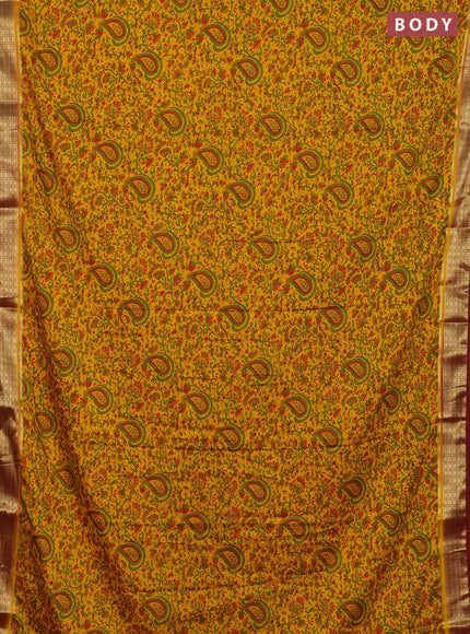Semi mysore silk saree yellow and maroon with allover floral prints and zari woven border