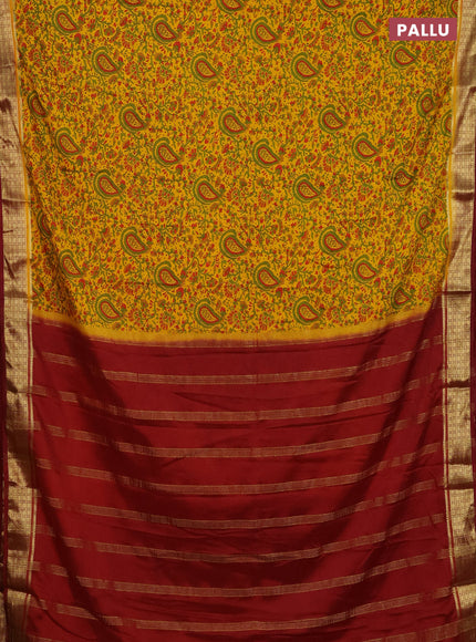 Semi mysore silk saree yellow and maroon with allover floral prints and zari woven border