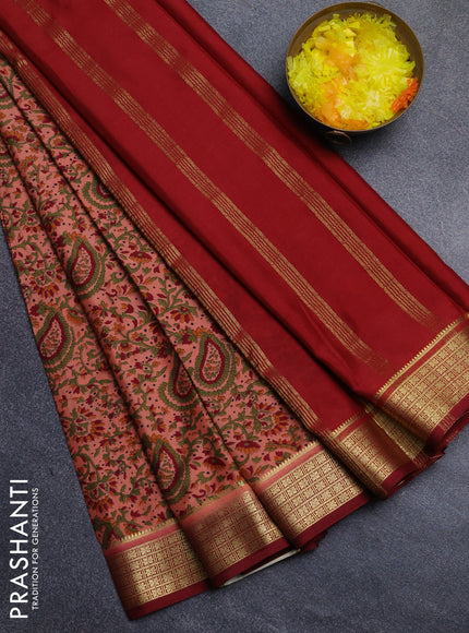 Semi mysore silk saree peach shade and maroon with allover floral prints and zari woven border