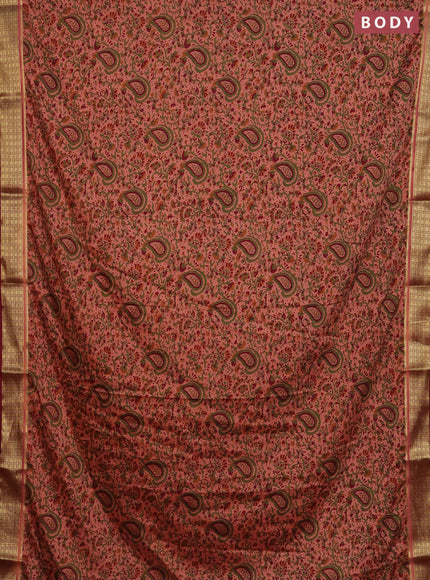 Semi mysore silk saree peach shade and maroon with allover floral prints and zari woven border