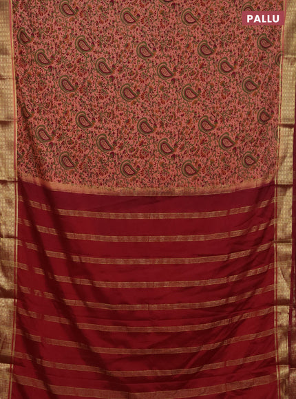 Semi mysore silk saree peach shade and maroon with allover floral prints and zari woven border