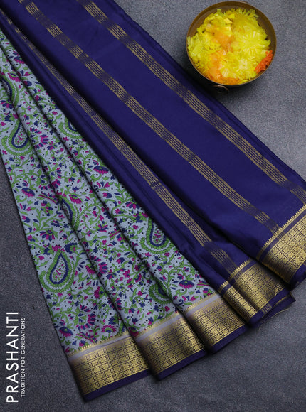 Semi mysore silk saree grey and navy blue with allover floral prints and zari woven border