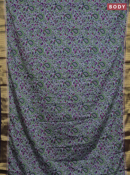 Semi mysore silk saree grey and navy blue with allover floral prints and zari woven border