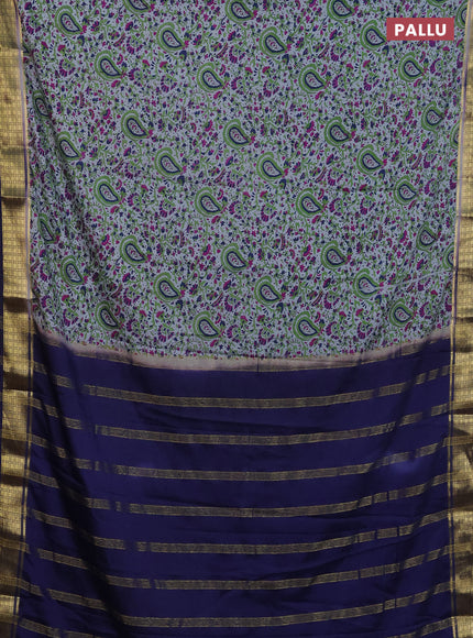 Semi mysore silk saree grey and navy blue with allover floral prints and zari woven border