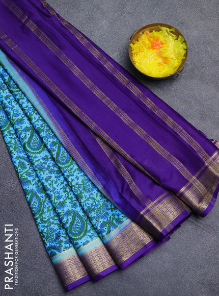 Semi mysore silk saree light blue and violet with allover floral prints and zari woven border