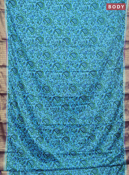 Semi mysore silk saree light blue and violet with allover floral prints and zari woven border