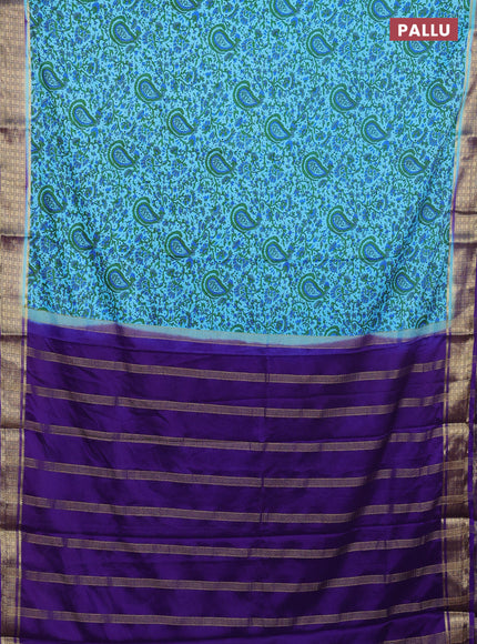 Semi mysore silk saree light blue and violet with allover floral prints and zari woven border