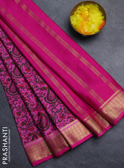 Semi mysore silk saree dark pink and pink with allover floral prints and zari woven border