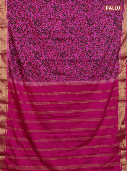Semi mysore silk saree dark pink and pink with allover floral prints and zari woven border