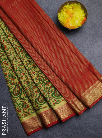 Semi mysore silk saree yellow and maroon with allover floral prints and zari woven border