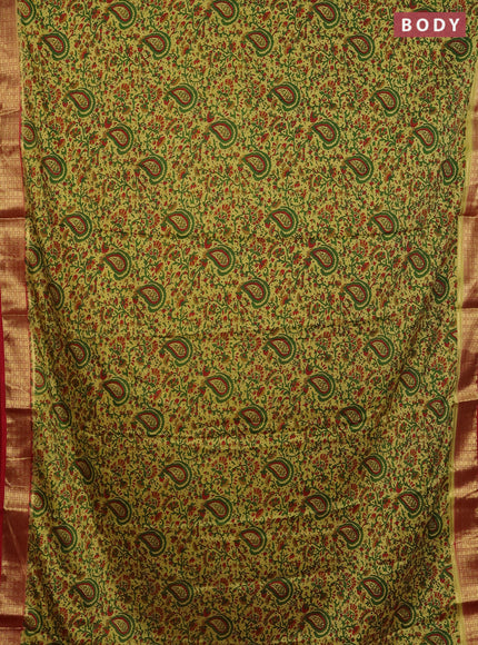 Semi mysore silk saree yellow and maroon with allover floral prints and zari woven border