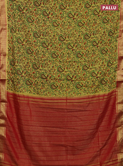 Semi mysore silk saree yellow and maroon with allover floral prints and zari woven border