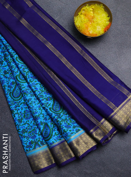Semi mysore silk saree teal blue and navy blue with allover floral prints and zari woven border