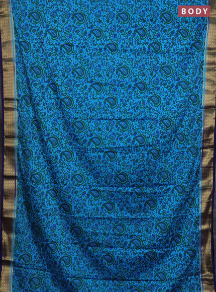 Semi mysore silk saree teal blue and navy blue with allover floral prints and zari woven border