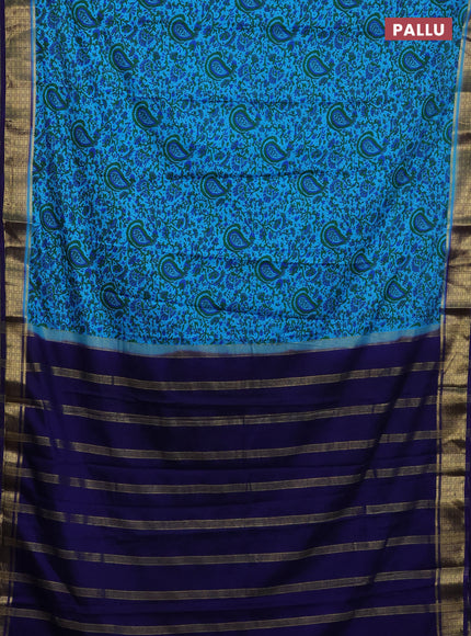 Semi mysore silk saree teal blue and navy blue with allover floral prints and zari woven border