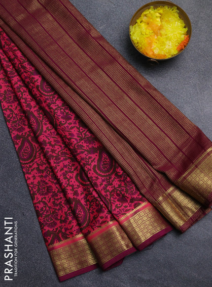Semi mysore silk saree peach pink and wine shade with allover floral prints and zari woven border