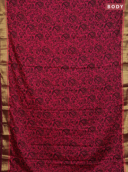 Semi mysore silk saree peach pink and wine shade with allover floral prints and zari woven border