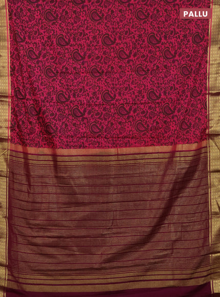 Semi mysore silk saree peach pink and wine shade with allover floral prints and zari woven border