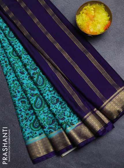 Semi mysore silk saree teal green and violet with allover floral prints and zari woven border