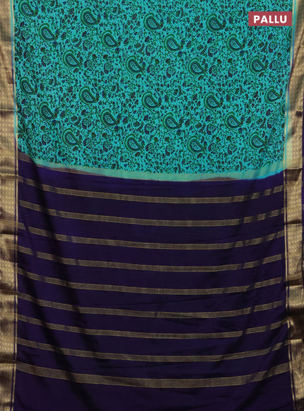 Semi mysore silk saree teal green and violet with allover floral prints and zari woven border