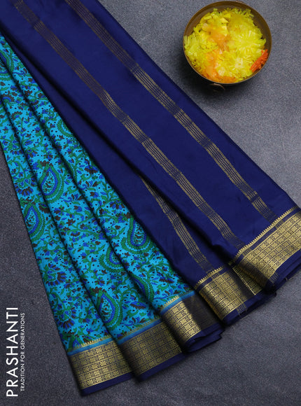 Semi mysore silk saree teal blue and navy blue with allover floral prints and zari woven border