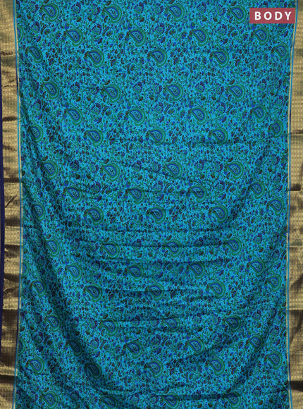 Semi mysore silk saree teal blue and navy blue with allover floral prints and zari woven border
