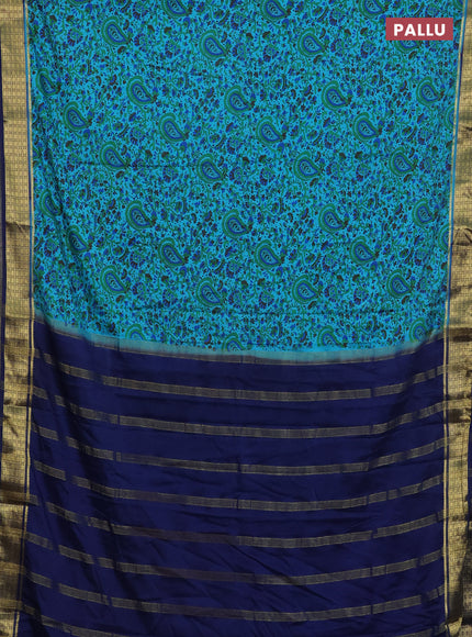 Semi mysore silk saree teal blue and navy blue with allover floral prints and zari woven border