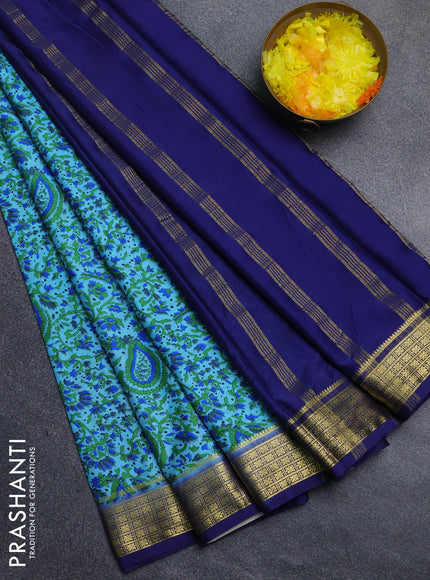 Semi mysore silk saree light blue and navy blue with allover floral prints and zari woven border