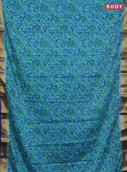 Semi mysore silk saree light blue and navy blue with allover floral prints and zari woven border