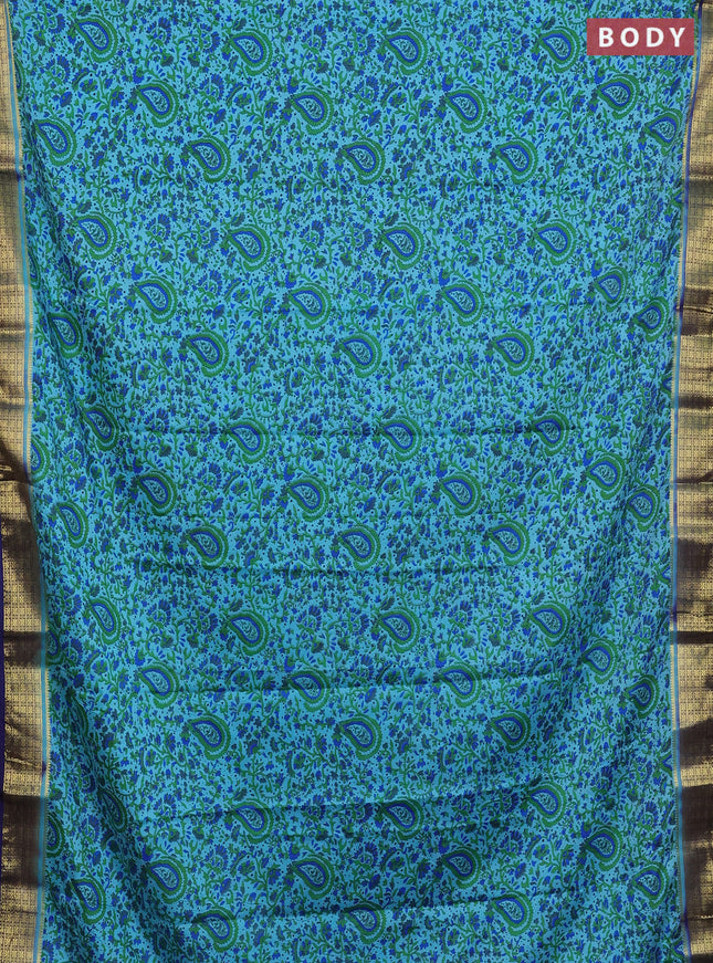 Semi mysore silk saree light blue and navy blue with allover floral prints and zari woven border