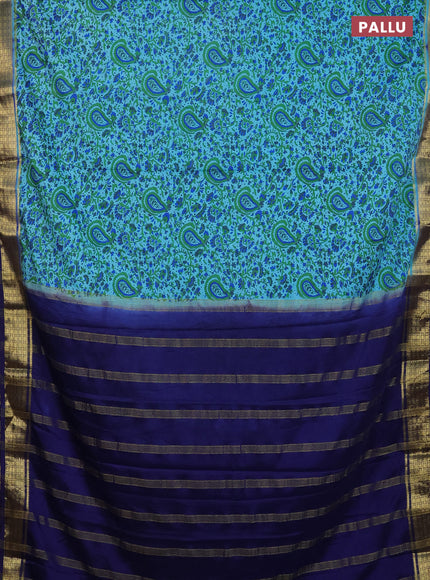 Semi mysore silk saree light blue and navy blue with allover floral prints and zari woven border