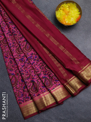 Semi mysore silk saree dark pink and wine shade with allover floral prints and zari woven border