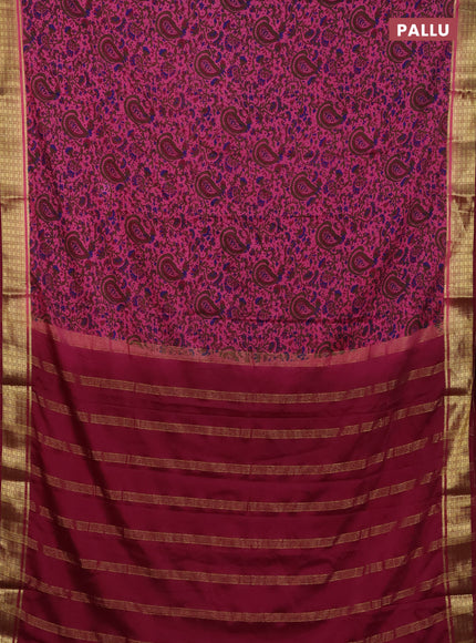 Semi mysore silk saree dark pink and wine shade with allover floral prints and zari woven border