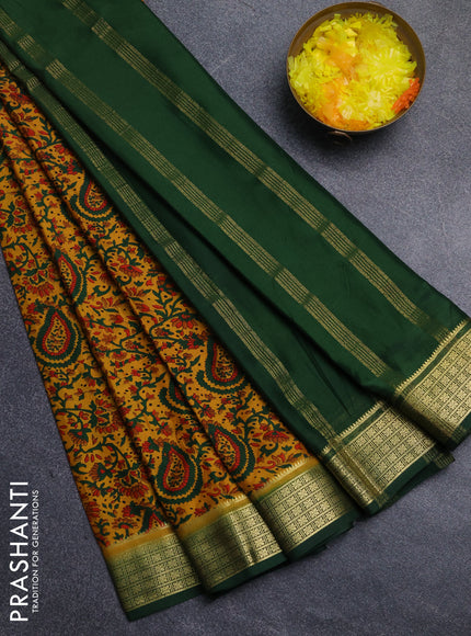 Semi mysore silk saree dark mustard and bottle green with allover floral prints and zari woven border