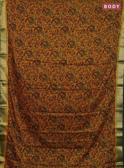 Semi mysore silk saree dark mustard and bottle green with allover floral prints and zari woven border