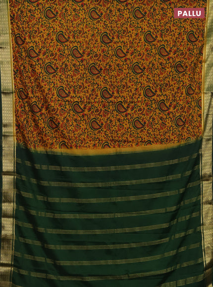 Semi mysore silk saree dark mustard and bottle green with allover floral prints and zari woven border