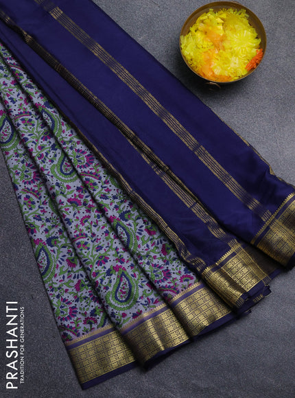 Semi mysore silk saree grey and navy blue with allover floral prints and zari woven border