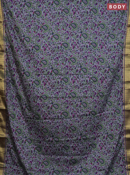Semi mysore silk saree grey and navy blue with allover floral prints and zari woven border